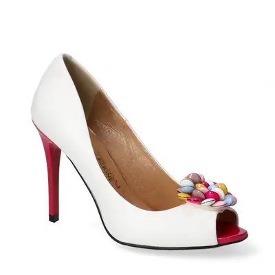 Czółenka peep toe białe z obcasem fuksja