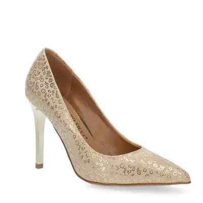 Czółenka beżowe w złote kwiaty