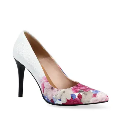 Szpilki białe w multikolorowe kwiaty 