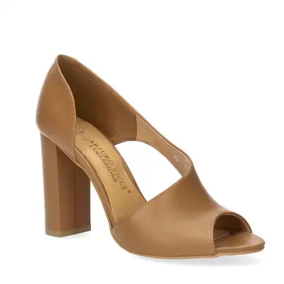 Czółenka brązowe peep toe na słupku