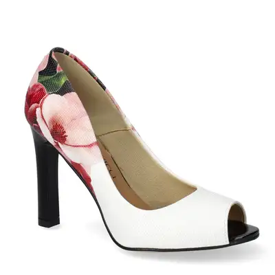 Czółenka peep toe białe w kwiaty 